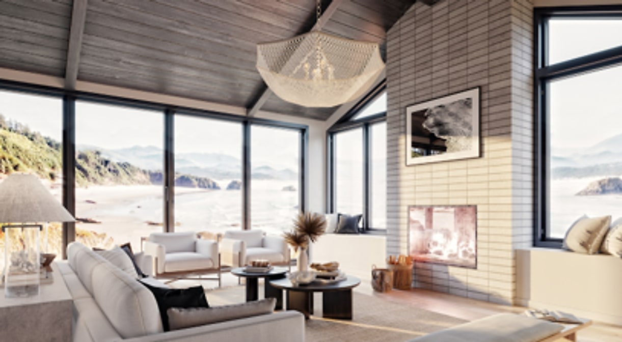 Lichte woonkamer met open haard in lichte baksteen, witte meubels, rotan hanglamp en ruim zeezicht, voorbeeld van een compleet ingerichte ruimte door RAW-Building
