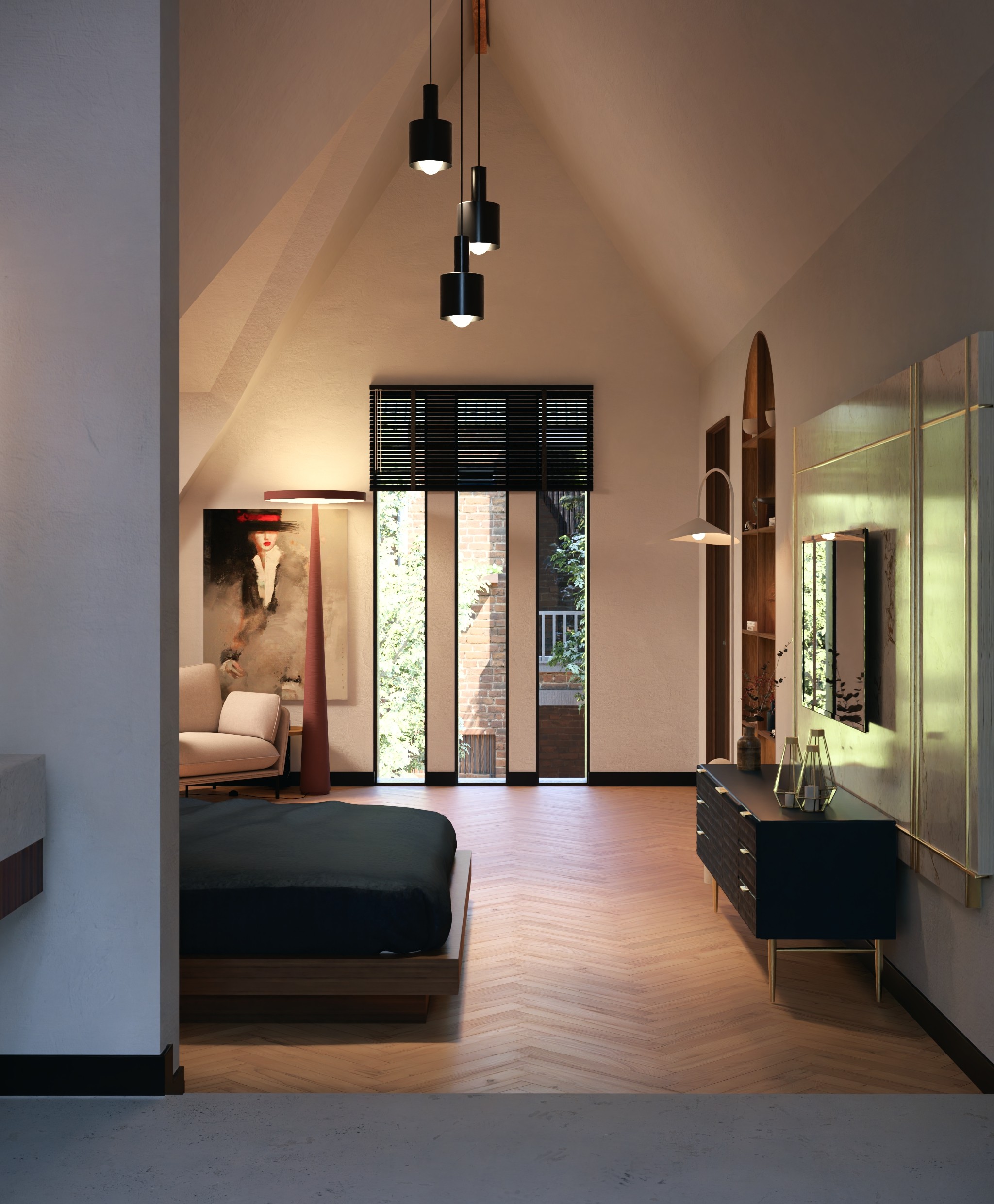 3D visualisatie van een slaapkamer met houten visgraatvloer, donker bed, blauwe commode en zwarte pendellampen onder een kapconstructie